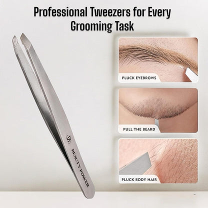 Slant Tip Precision Tweezers - Stainless Steel Eyebrow Tweezers for Women & Men - Precision Tweezers for Facial Hair, Ingrown Hair & Brow Shaping - Professional Beauty Tool (Matte Gray)