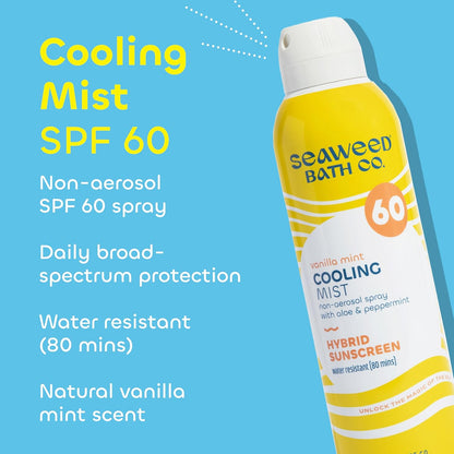 Seaweed Bath Co. Cooling Mist SPF 60 Sport Broad Spectrum Hybrid Sunscreen Spray, 6 Ounce, Sustainably Harvested Seaweed, Aloe, Peppermint