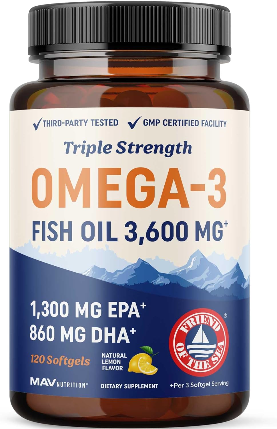 Triple Strength Omega 3 Fish Oil | 3600 mg EPA & DHA | Over 2100mg of Omega 3 Fatty Acids | 1300mg EPA + 860mg DHA | Best Essential Fatty Acids | Premium Burpless Softgel Supplements (120 Ct)