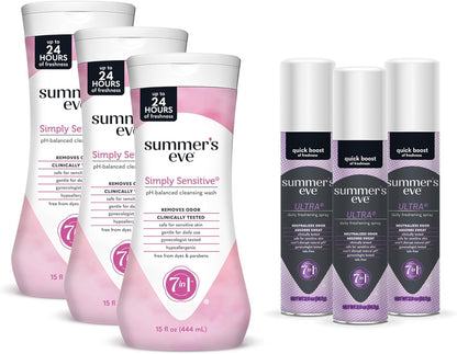 Summer's Eve Cleansing Wash | 15 Ounce | (Pack of 3) and Summer's Eve Freshening Spray | Ultra | 2 oz Size | Pack of 3 | pH Balanced, Dermatologist & Gynecologist Tested