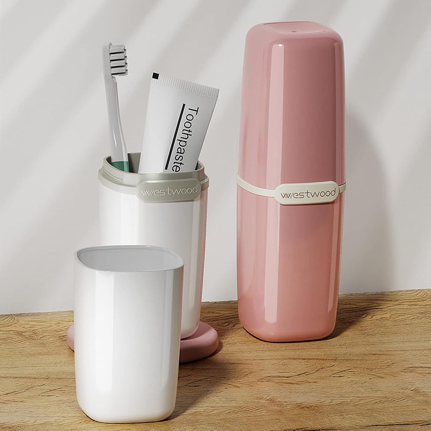 Pink Plastic Travel Toothbrush Holder Case with Cover, Portable Travel Toothbrush Cup, Storage Container for School Camping Business Trip Bathroom