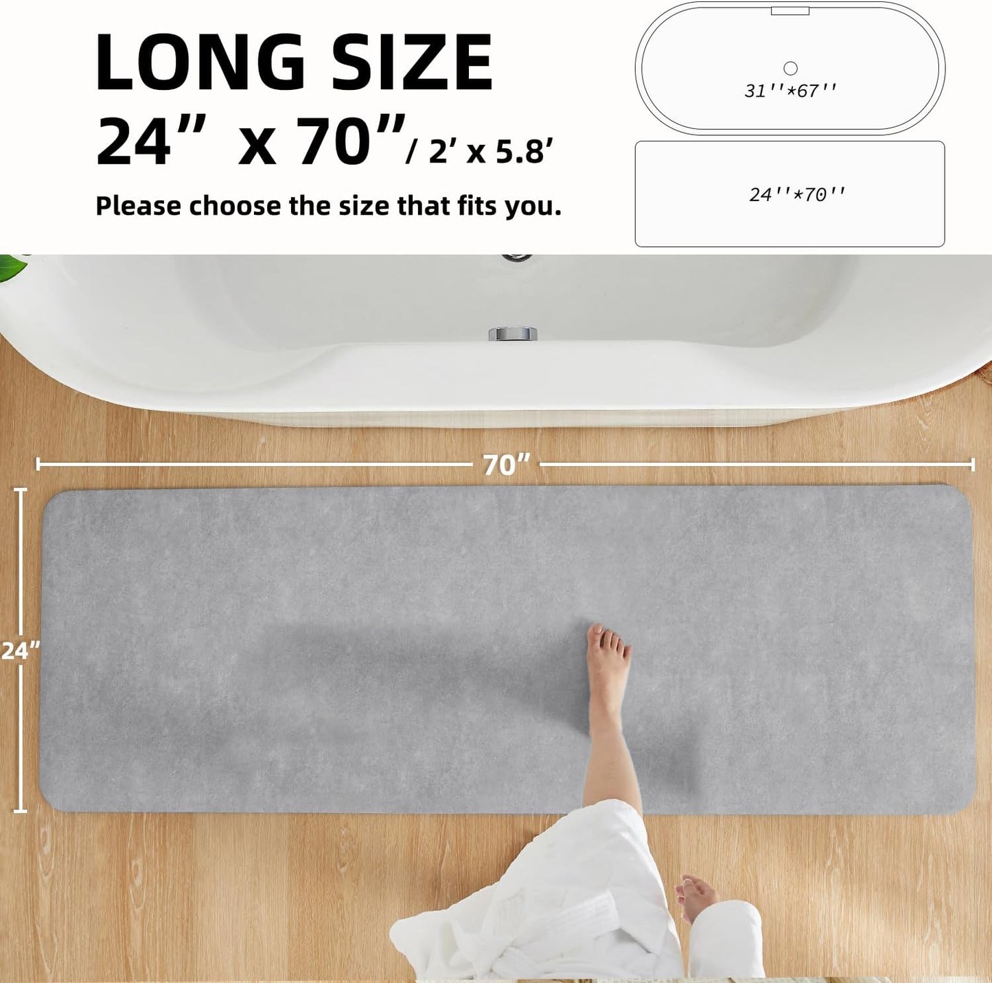 Bathroom Mat Quick Dry, Bathroom Rugs Non Slip Washable Thin Absorbent Bath Mat Fits Under Door Bathroom Floor Mat Perfect for Bath, Shower, or Sink 24"x70" Light Grey