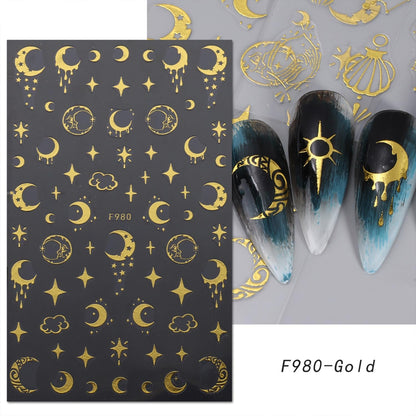 5 Sheets Metallic Gold Nail Art Stickers 3D Self-Adhesive Nails Stickers Bohemian Sun Moon Hexagram 3D Decal Supplies Women DIY Gold Metal Nail Art Decoration
