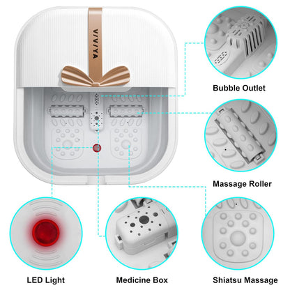 Collapsible Foot Bath Spa with heat and Massage Rollers, Foldable Foot Soak Tub with Bubbles Jets and LED light, Pedicure Foot Spa Massager with Foot Scrubber for Home Use (White)