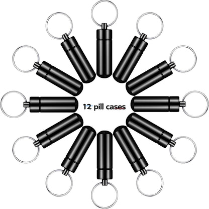 Patelai 12 Pcs Portable Keychain Pill Holder Mini Pocket Pill Case for Men Women Aluminum Geocache Containers Waterproof Metal Medicine Bottle Organizer for Outdoor Camping Travel(Black)