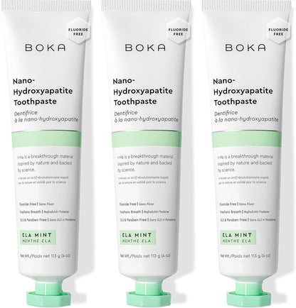 Boka Fluoride Free Toothpaste, Nano Hydroxyapatite Toothpaste, Appropriate for Sensitive Teeth - for Adult, Kids Oral Care - Ela Mint Flavor, 4 Fl Oz 3Pk US Manufactured