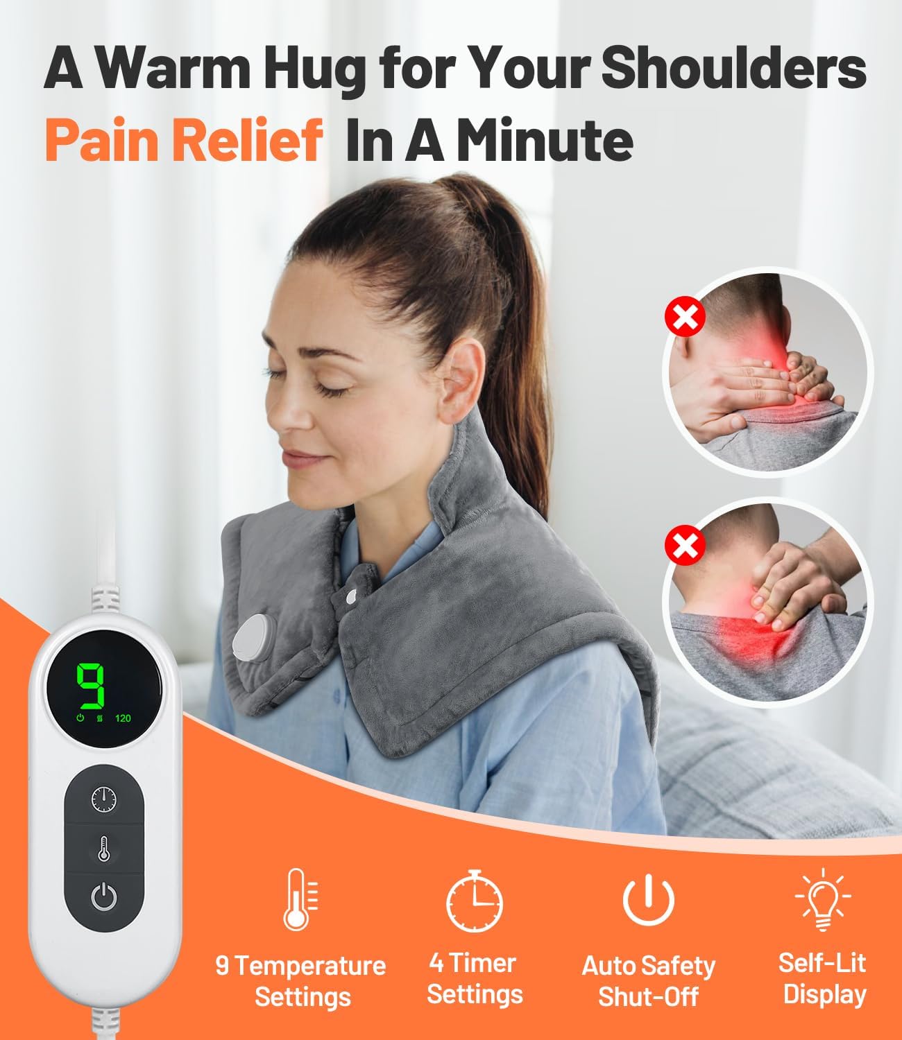 Graphene-Infused Heating Pad, Weighted Heating Pads for Neck and Shoulders and Back, Large Electric Instant Heating Pads for Back Pain Relief | 9 Heat Settings, 4 Timer Auto Shut-Off, Machine Washable