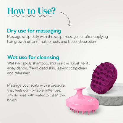 HEETA Hair Scalp Massager Shampoo Brush 2 Pack, Soft Silicone Bristles to Remove Dandruff, Waterproof Hair Scrubber for Both Wet Dry Use, Suitable for Men & Women (Pink & Purple)