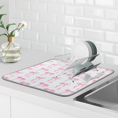 SHIYUE Dish Drying Mat for Kitchen Counter Super Absorbent Spring Kitchen Decor Microfiber Drying Matainers Rack Fast Pad Dish Drainer Mats(Pink Bow,18''x24'')