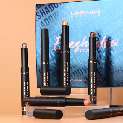 LANGMANNI 8 PCS Soft Smooth Cream Eyeshadow Stick Gift Set,Matte Earth Color+Bright Metal Color Contour Stick,Waterproof & Long-Lasting Eyeshadow (#A)