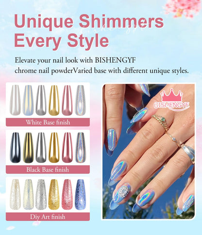 Chrome Nail Powder Kit - Black White Colors Gel Polish Mirror Metallic Effect Holographic Aurora Iridescent Pearlescent Manicure White Pearl Chrome Nail Powder for Nails DIY
