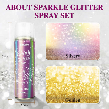 Body Glitter Spray for Hair and Body (2x5.14 Fl Oz), Shiny Glitter Spray for Clothes, Long-Lasting and Quick-Drying Holographic Glitter Hairspray for Kids Women, Stage, Festival Rave and Makeup Prom