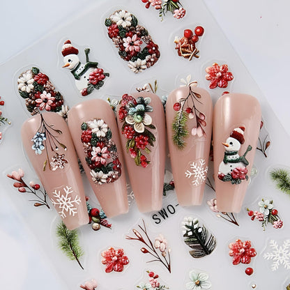 Christmas Nail Art Stickers Decals 5D Embossed Nail Decals Snowman Christmas Tree Snowflake Holiday Nail Stickers for Nail Art Xmas Nails Design Christmas Nails Supplies for Women Girls