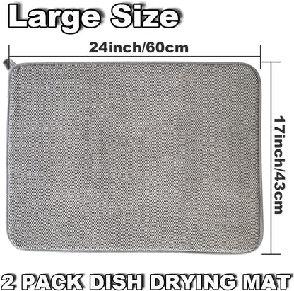 2Pack Large Dish Drying Mat for Kitchen Counter,24 x 17 Inch Microfiber Absorbent Dish Drying Pad,Large Size Dishes Drainer Mats for Countertops,Sinks,Draining Racks(Gray)