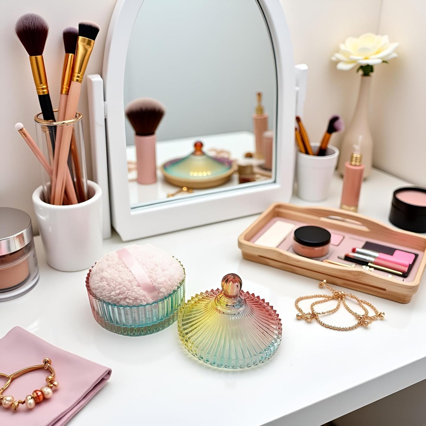 Extra Large Body Powder Puff and Container - Vintage Glass Dusting Powder Container with Soft Puff for Women & Girls (5.9x5.9x5.9 IN)-GRB010-Colorful-A