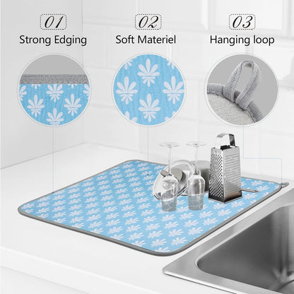 SHIYUE Dish Drying Mat for Kitchen Counter Super Absorbent Spring Kitchen Decor Microfiber Drying Matainers Rack Fast Pad Dish Drainer Mats(Light Blue Flower,18''x24'')