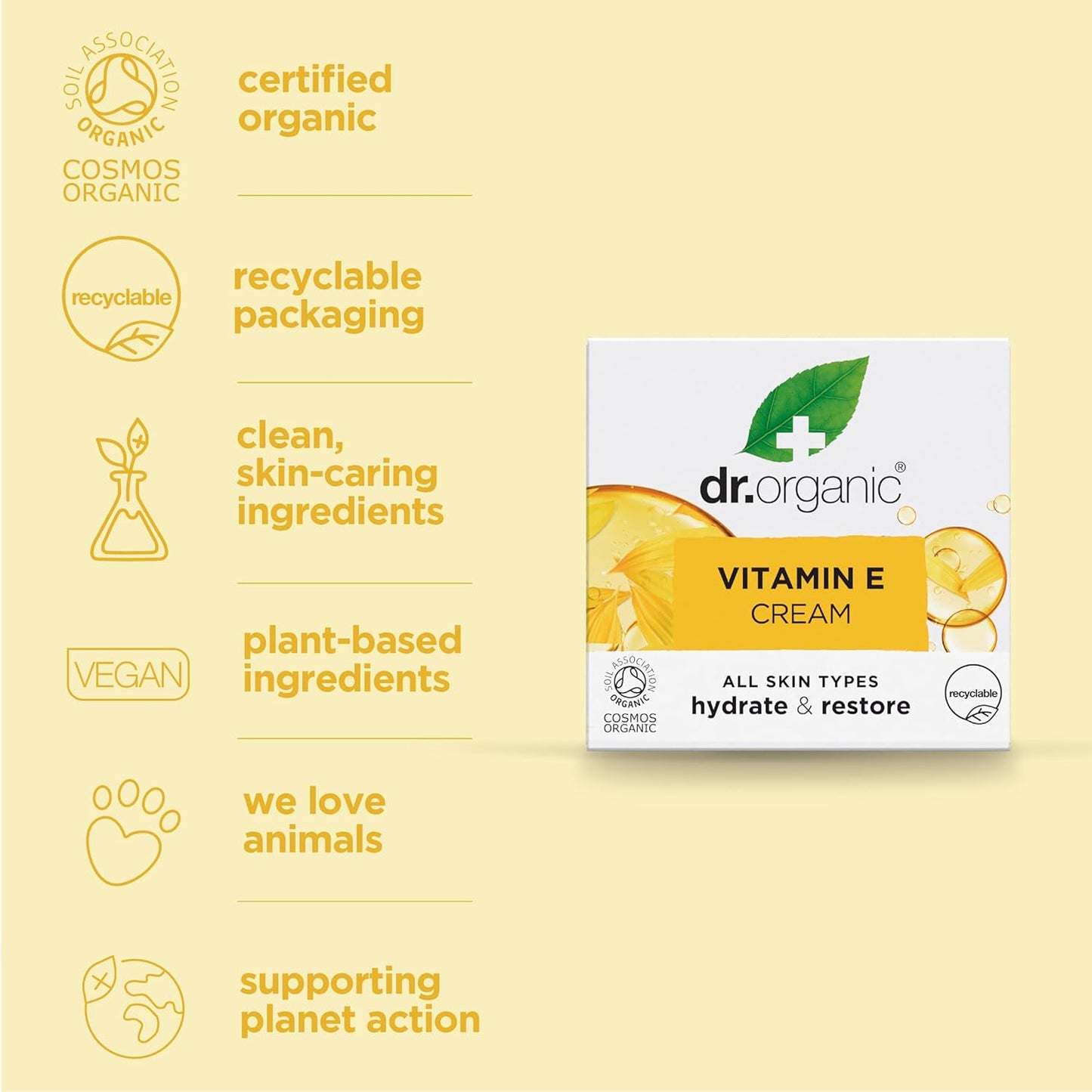 Dr. Organic Vitamin E Moisturising and Restoring Cream | Deeply Hydrates, Restores Skin’s Natural Balance, Natural, Certified Organic, Paraben & SLS-Free, 50 mL / 1.7 fl oz
