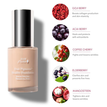 100% PURE Healthy Foundation Full Face Coverage Makeup, Liquid Matte Finish with Anti-Aging Benefits - Vegan Gorgeous Fruit Pigmented White Peach Color (Light with Warm Undertone) - 1 Fl Oz