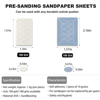 Pre-treatment Cuticle Pusher, Russian Prep Nail Pushers, Dual Ended Cuticle Remover with 100/180 Grit Sandpaper Sheets, Nail Care for Manicure Pedicure Nail Art