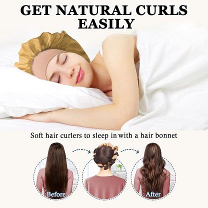 70" Soft Hair Curlers for Overnight Curls - No Heat Curl Wrap with 9 Rods for Long Hair, Khaki