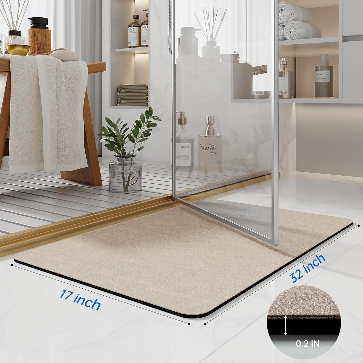 Bath Mat Rugs 32x17 - Diatomaceous Earth Bath Mats Quick Dry Absorbing Bathroom Rugs Rubber Non Slip Thin Bathroom Mat Fit Under Door, Bath Mat for Bathroom Floor, Tub and Shower, Sink, Taupe