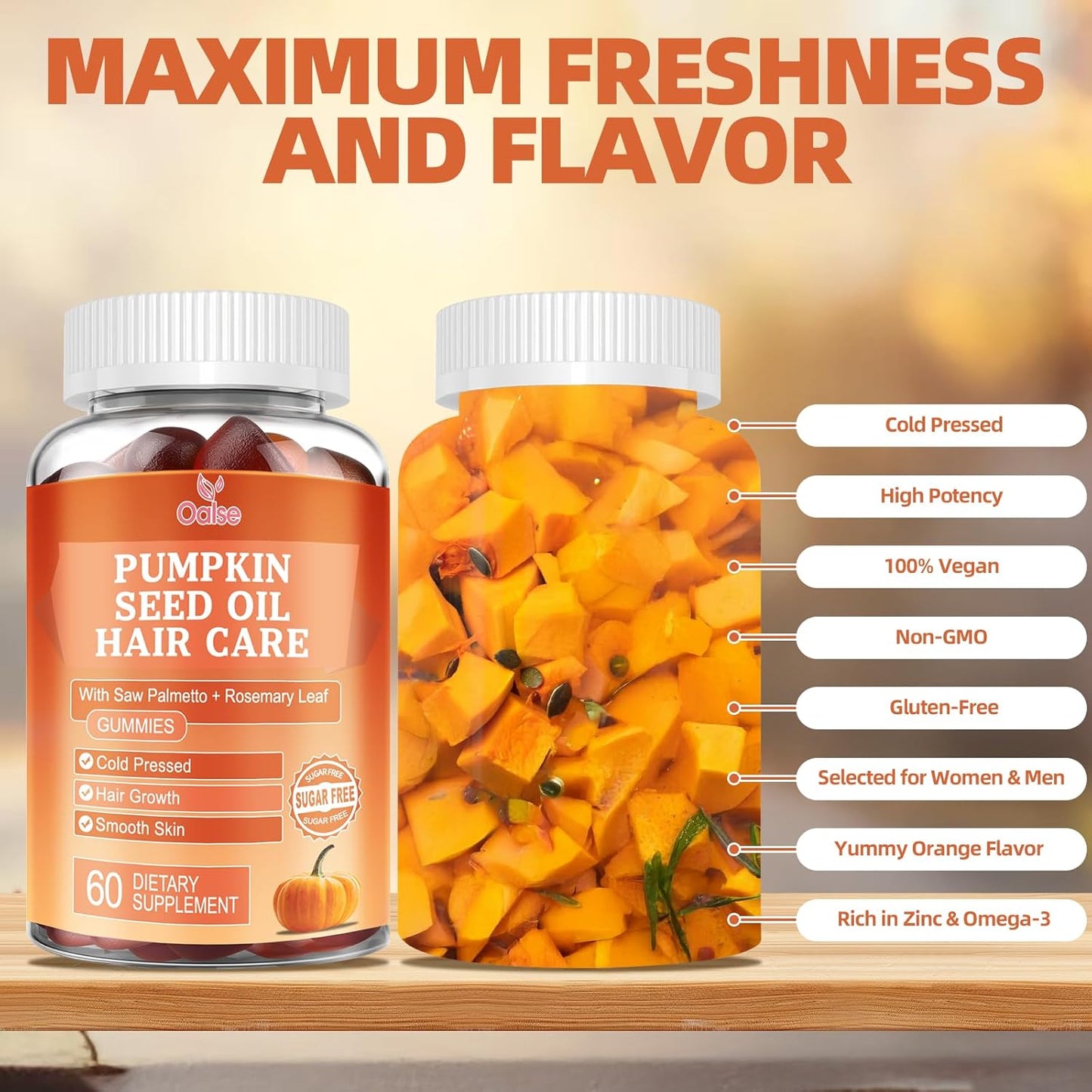 Pumpkin Seed Oil Gummies, 3500mg Per Serving, Cold Pressed, with Saw Palmetto, Rosemary Leaf, Zinc, Hydrolyzed Collagen Peptides, Pumpkin Seed Oil for Hair Growth, Vegan, 60 Counts