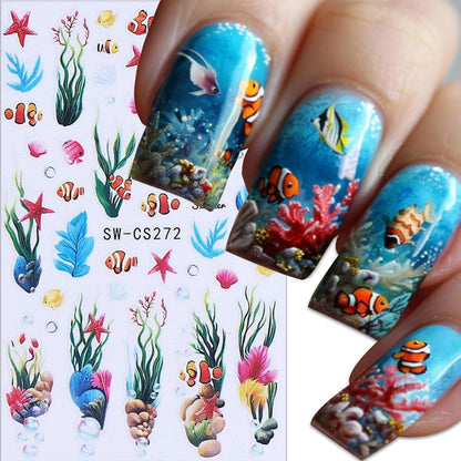 6 Sheets Ocean Plant Nail Art Stickers 3D Self -Adhesive Colorful Seaweed Shell Nail Decals Holographic Cute Fish Starfish Bubbles Nail Stickers Summer Nail Decoration for Women Manicure Supplies