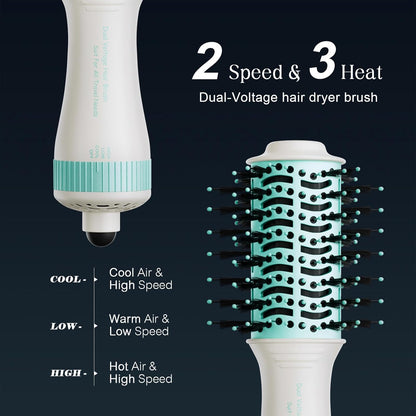 Dual Voltage Travel Hair Dryer Brush 4-IN-1 Portable Mini Hot Air Blow Dryer Straightener & Curler Brush, Titanium Round Blowout Styler Volumizer Tools, 110/240V US/EU/UK Plug for International Travel