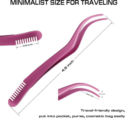 2 in 1 Lash Tweezer with Comb, Stainless Steel Elbow Tweezers, Eyelash Extension, Precise Eyebrow Tweezers Tool, Lashes Tweezer Applicator for DIY Applying False Eyelashes Clusters, Rose