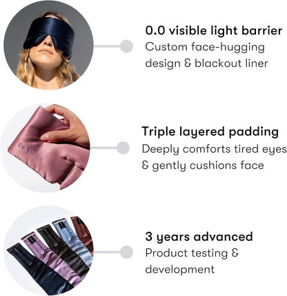 DROWSY Silk Sleep Mask - Face-Hugging, Padded Cocoon for Luxury Sleep in Total Darkness - 100% Pure Mulberry Silk, Skin-Hydrating & Adjustable (Midnight Blue)