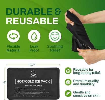 4 Pack Reusable Ice Packs for Injuries - Soft Ice Pack with Velvet Soft Fleece Fabric | Flexible Hot and Cold Gel Ice Pack Set- Cold Packs for Injuries, Knee, Back, Neck Pain - 10 x 6, Black-4Pack
