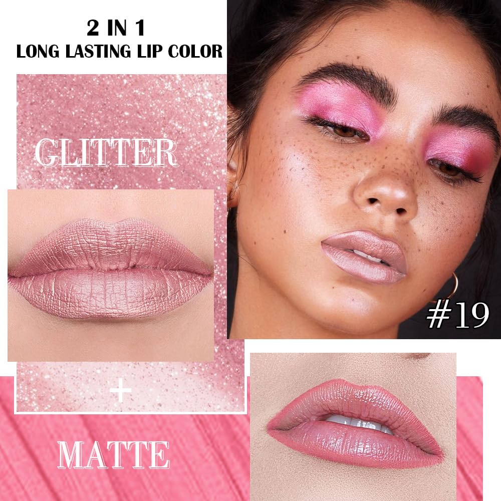 evpct Warm Pink Metallic Glitter Lip Liner and Lipstick Combo Set Long Lasting Waterproof, Metallic Shimmer Lip Gloss Stain Makeup for Women, Warm Pink Frosted Iridescent Glossy Liquid Lipstick 19