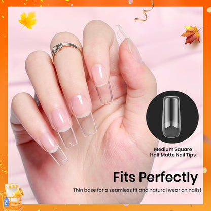 Beetles Nail Tips Medium Square 576Pcs 12 Sizes - Pre-Etched Soft Acrylic Nail Tips Half Matte False Nails Nail Art Full Cover Press Ons Nail Extensions Gift Set Home DIY Nail Salon