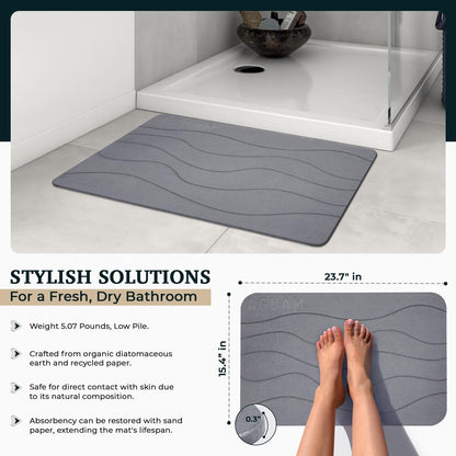23" x 15" Diatomaceous Earth Shower Non Slip Stone Bath Mat | Quick Dry Super Absorbent Large Mats for Kitchen | Anti-Slip Fast Drying Water Absorbing Stone Bath Mats for Bathroom | Engr-Gray