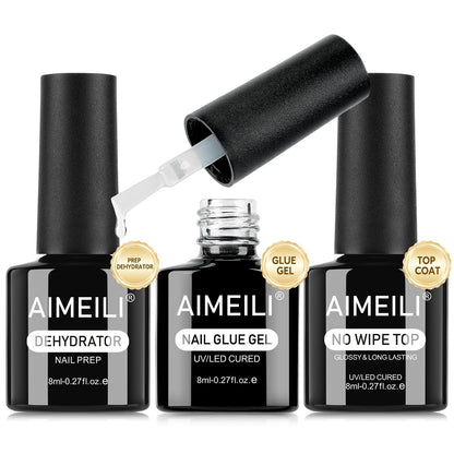 AIMEILI Nail Glue Gel with Top Coat and Prep Dehydrator 3 PCS, Hema Free, Cruelty Free, Vegan, Clear High Gloss Gel Nail Polish Long Lasting Nail Art