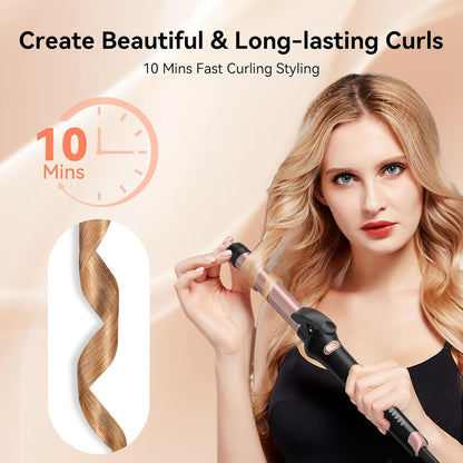 Rotating Curling Iron 1 Inch, Automatic Curling Wand, Anti-Scald Ceramic Hair Curler for Lasting Curls Waves, Auto-Shut Off Adjustable Temp 140℃- 220℃, Dual Voltage for Home Travel, Rose Gold