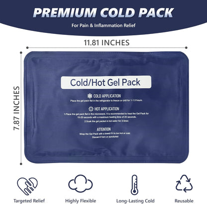 Reusable Gel Soft Ice Packs for Injuries, Flexible Hot and Cold Packs for Knees, Back, Face, Joint & Muscle Pain Relief (Medium 7.87"x 11.81")