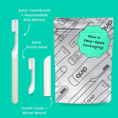 Quip Plastic Sonic Electric Toothbrush for Adults - Time Travel & Soft Bristles with Travel Case & Replacement Brush Head - 3 Month Battery Life - Sage Green