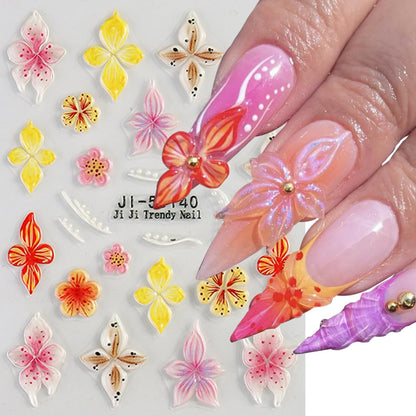 Colorful Flower Nails Art Stickers 5D Self-Adhesive Embossed Nails Stickers Hibiscus Flower Design Tropical Floral Nails Decal Supplies Women DIY Nail Art Decoration 3 Sheets