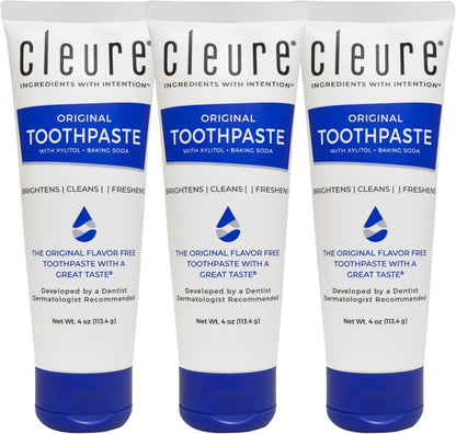 Cleure Original No Fluoride Toothpaste - SLS Free, Mint Free - with Xylitol for Fresh Breath & Helps Whiten - for Kids & Adults - Flavor Free (4oz Tube, Pack of 3)