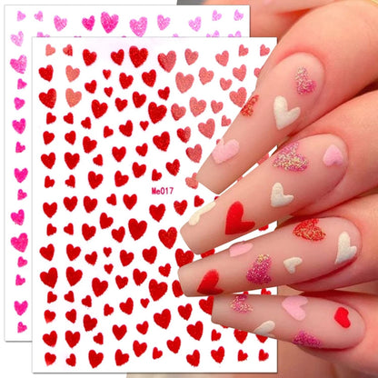 10 Sheets Heart Nail Stickers - 3D Self-Adhesive Valentine's Day Nail Art Stickers - Shiny Love Heart Nail Decals - Gold, Silver, Black