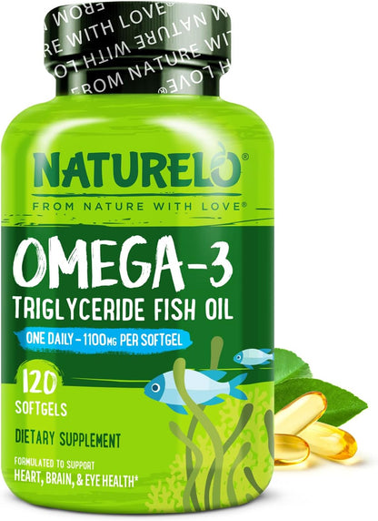 NATURELO Burpless Omega 3 Fish Oil Supplement - 1100mg Triglyceride Omega-3, EPA + DHA, Liquid Fish Oil for Heart, Eye, Brain, Joint Health - 120 Softgels, 4 Months Supply