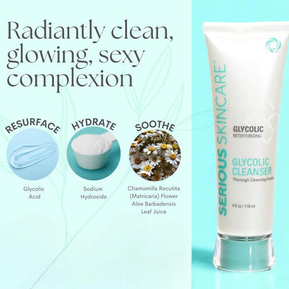 Serious Skincare Glycolic Cleanser - Glycolic Acid Skin Exfoliating Face Wash - 10% Glycolic Acid - Deep Pore Purifying - Removes Makeup, Oil, and Impurities - Shave Prep - Anti-Aging AHA 12 Oz & 4 Oz