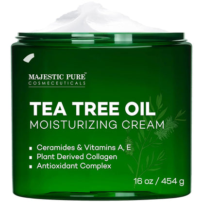 Majestic Pure Tea Tree Oil Moisturizing Cream - Body, Foot & Face Moisturizer - With Ceramides, Vitamins A E & Vegan Collagen - For Dry Skin, Oily Skin, & Appearance Of Wrinkles - 16 oz