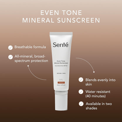 Senté Even Tone Mineral Sunscreen Tinted | SPF 36 Medium-Dark | Hydrating, Lightweight Sun Protection Treatment for Redness & Discoloration | UVA/UVB & Blue Light Defense | 1.7 oz