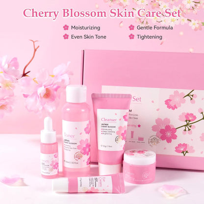 Skin Care Set, Cherry Blossom Skin Care Sets & Kits, Skin Care for Teenage Girls Gift Set with Cleanser, Toner, Serum, Eye Cream, Facial Cream, Facial Skin Care Sets & Kits for Teenage Girls Women
