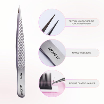 Curacoro Lash Tweezer - Professional & Precision Fiber Tip Grip Lash Tweezers for Eyelash Extensions, Multi Shapes & Purposes Tweezers for Volume, Isolation & Classic Lashes (Silver, Move It)