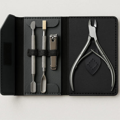 UM Supplies 4 Pieces Travel Set + Storage Pouch | Cuticle Nipper with 2 Pushers and Nail Cutter Stainless Steel | Manicure Pedicure Tool for Nail Care Jaw 14 (5mm) Double Spring