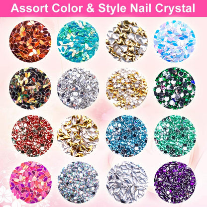 6400pcs Nail Art Rhinestones, Nail Crystal Gems Nail Diamonds, Gold Silver Nail Studs Colorful Nail Sequins & Rhinestones for Nails Kit with Tweezers and Wax Pen for Nail Art Supplies Accessories