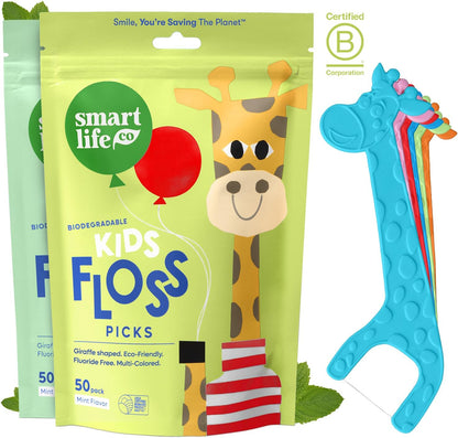 SmartLifeco Eco-Friendly Kids Flossers (100ct) - The Original Straw Wheat Dental Floss Picks for Children, Fluoride & PFA Free, Toothpick Flossing Sticks for Toddlers Teeth, No Shred Thread, Mint